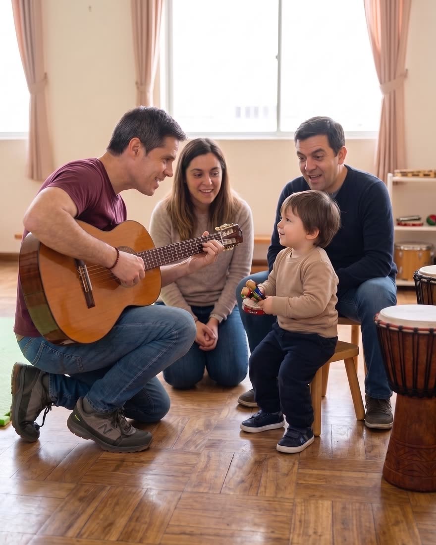 Sesión de acompañamiento musical: un músico toca la guitarra mientras un niño con una pandereta y sus padres participan.